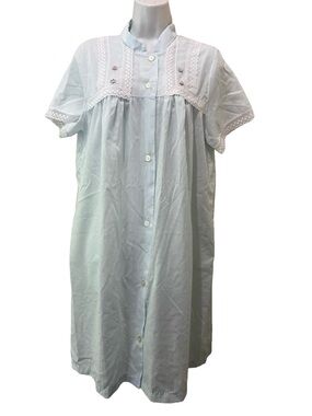 Vintage Light Blue Button Front Lace Embroidered Floral House Dress Robe